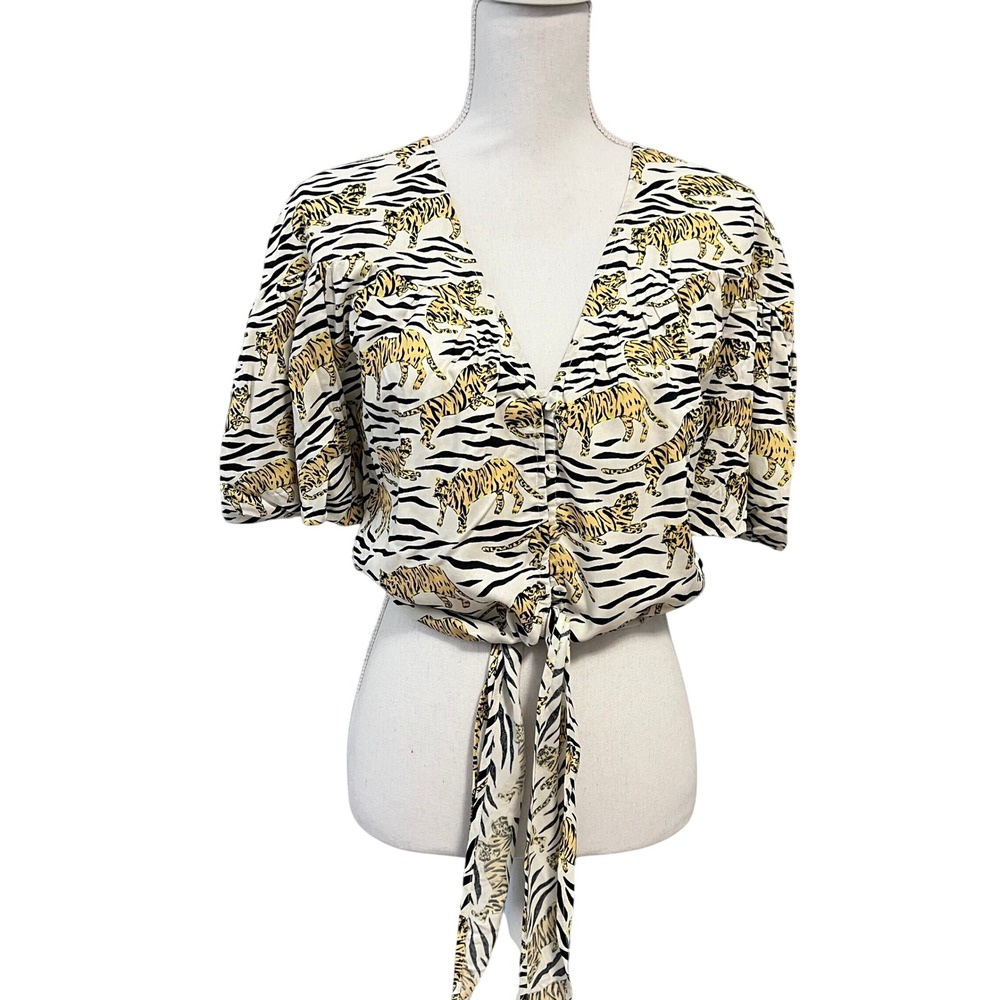 Topshop Tiger Print Tie Front Top Women 4 Small White Animal Short Puff Sleeve